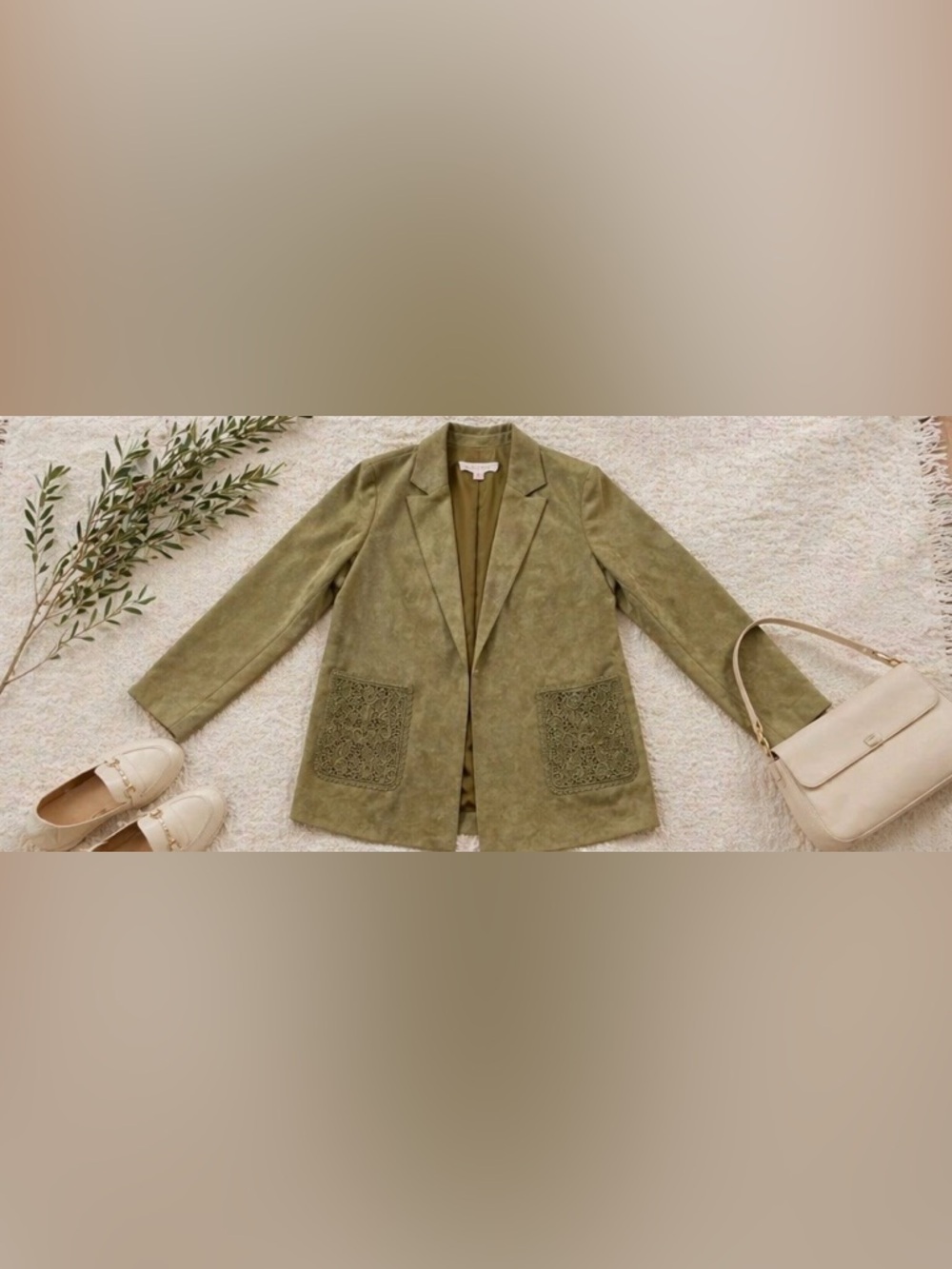 Anthropology Solitaire Olive Green Faux Suede Blazer Jacket Sz Small Boho